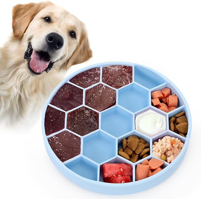 Pawow Slow Feeder Dog Bowls, Silicone Dog Bowl with Suction Cups, Non-Slip Pet Slow Feeder for Small Medium Large Breed, Anti Gulping&Dishwasher Safe, Reduces Boredom Pet Feeding Bowl(Blue)