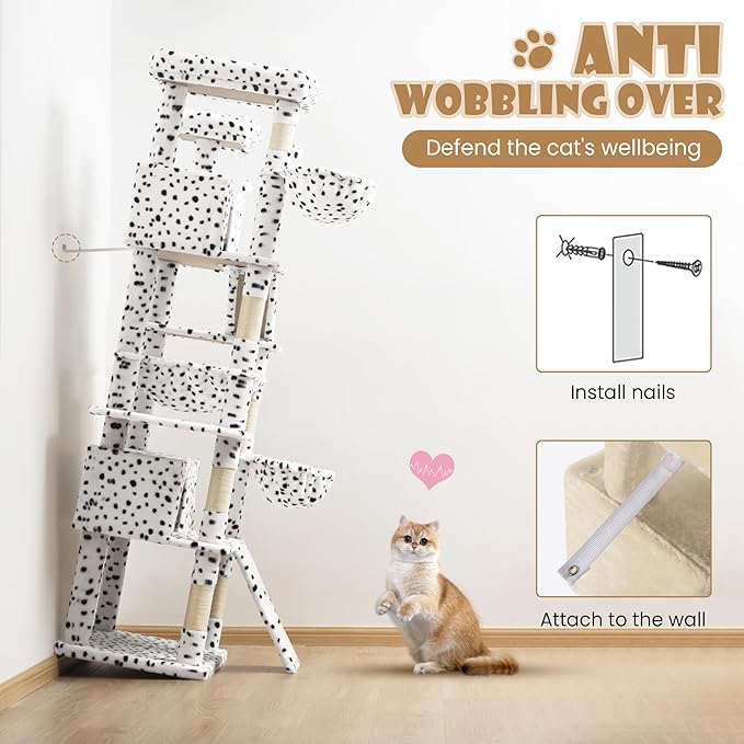 SHA CERLIN 81in Multi-Level Tall Cat Tree Tower for Indoor Kitties/Larger Cat Condo Furniture with Hammock/Cozy Pussycat Perches/Sisal Scratching Posts/Pet House/Wide Base/White & Black Spot
