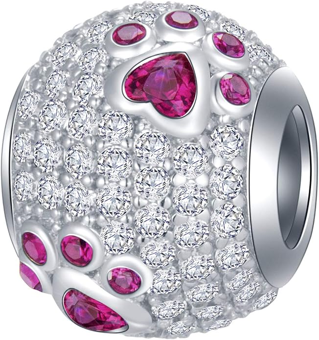 GEMDAZZ Sparkling Puppy Paw Print Charms in 925 Sterling Silver, Pave Dog Pawprint CZ Round Beads and Always in My Heart Charms, Gift for Animal Lover, fit European Women Bracelet/Necklace