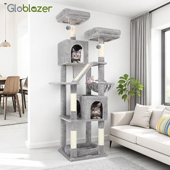 Globlazer Large Cat Tree Tower for Indoor Cats, 74in Tall Sturdy Cat Tree Condo for Large Cat with Scratching Posts and Board, Cat Condos for Adult Cats Kittens, Top Perches，Pet Bed, F74D, Light Grey