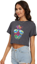 Womens Summer Crop Tops Short Sleeve Round Neck T-Shirts Loose Fit Casual Blouse