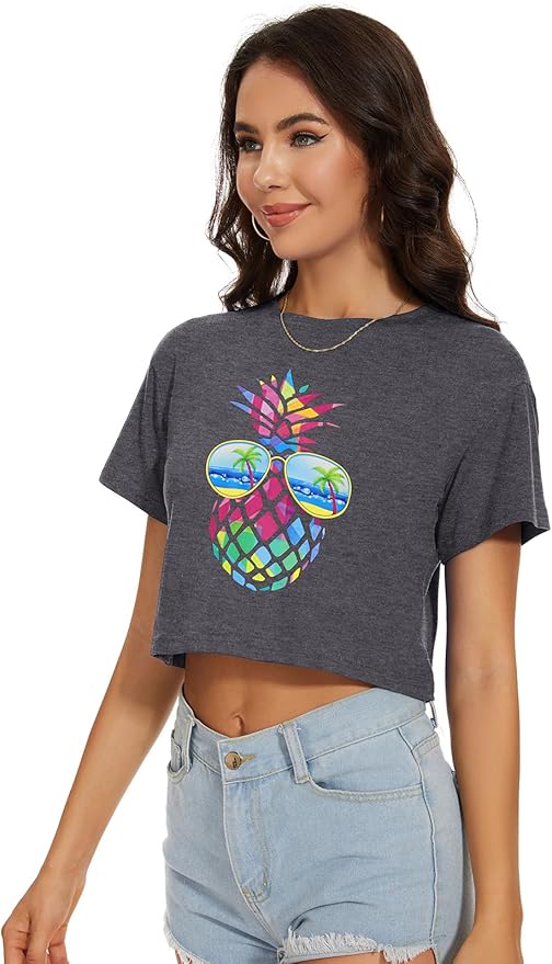 Womens Summer Crop Tops Short Sleeve Round Neck T-Shirts Loose Fit Casual Blouse