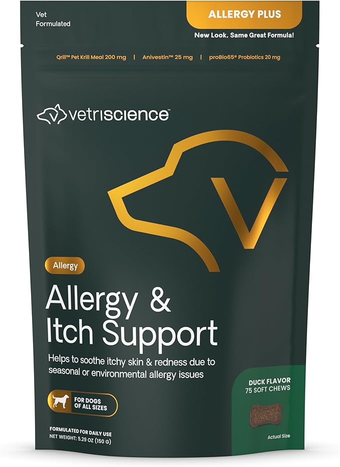 VetriScience Allergy & Itch Support Chews, Skin and Coat Supplement for Dogs, Allergy Chews for Itching, Scratching, and Licking, Support Skin and Immune Health, Duck, 75 Count