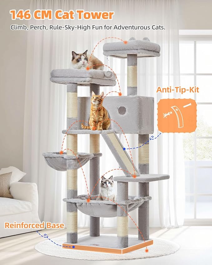 Taoqimiao Cat Tree 57.5-Inch, Cat Tower for Indoor Cats Large Adult, Extra Large Cat Condo, 8 Sisal Scratching Posts, Metal Frame Cozy Hammock, Durable Scratch Board, 2 Top Perches, Light Gray MS026W