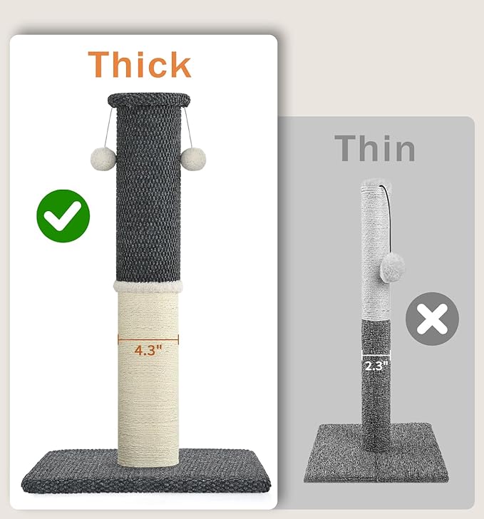 Made4Pets Tall Cat Scratching Post, Heavy Duty and Thicker Scratching Posts for Indoor Cats Adults, 23.6" Natural Sisal Cat Scratcher with Hanging Balls, Sturdy Base Cat Scratch Post, Dark Grey
