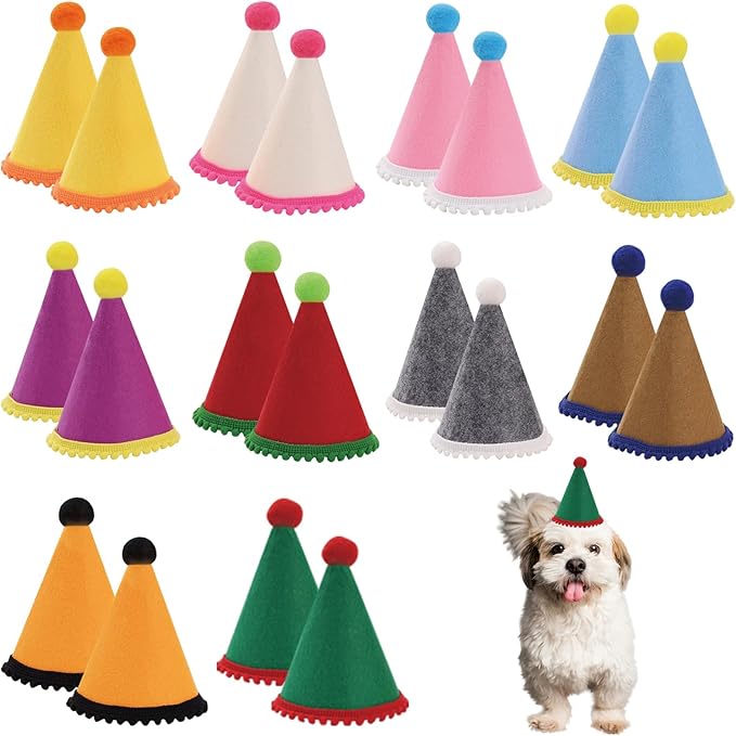 20 Pcs Dog Birthday Hat Set for Small Medium Dogs Cat Puppies, Mini Party Hat with Adjustable Headbands, Cute Pet Hat with Pompons for Birthday Christmas Party Decoration Accessories (Mini 2.5 Inch)