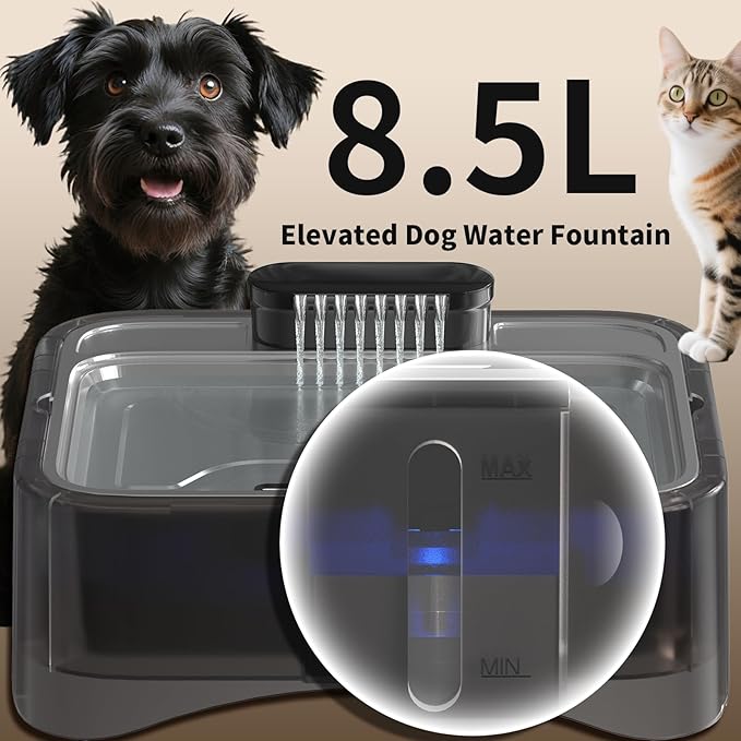 8.5L/2.25Gal Elevated Dog Water Fountain, Xetino 4 Height Adjustable Raised Dog Water Bowl Dispenser for Large Dogs with Stainless Steel Tray, Pet Water Fountain with Ultra Quiet Pump and Filter