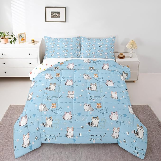 Erosebridal Cartoon Cute Bedding Twin Kawaii Cat Comforter Set for Boys Girls, Kids Kitten Down Comforter Geometric Stripe Lines Bed Set, Lovely Cat Dog Paws Quilted Duvet for Boys Girls, Blue 2pcs