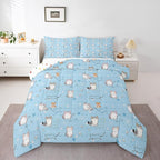 Erosebridal Cartoon Cute Bedding Twin Kawaii Cat Comforter Set for Boys Girls, Kids Kitten Down Comforter Geometric Stripe Lines Bed Set, Lovely Cat Dog Paws Quilted Duvet for Boys Girls, Blue 2pcs