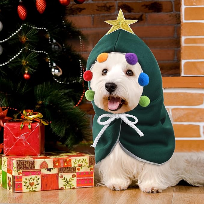 3 Pieces Christmas Pet Costumes Outfit Set Includes Puppy Cat Cloak with Star and Pompoms Kitten Dog Antlers Headband Pet Reindeer Headwear Cat Santa Cape with Bell Pet Costume Accessories (Medium)