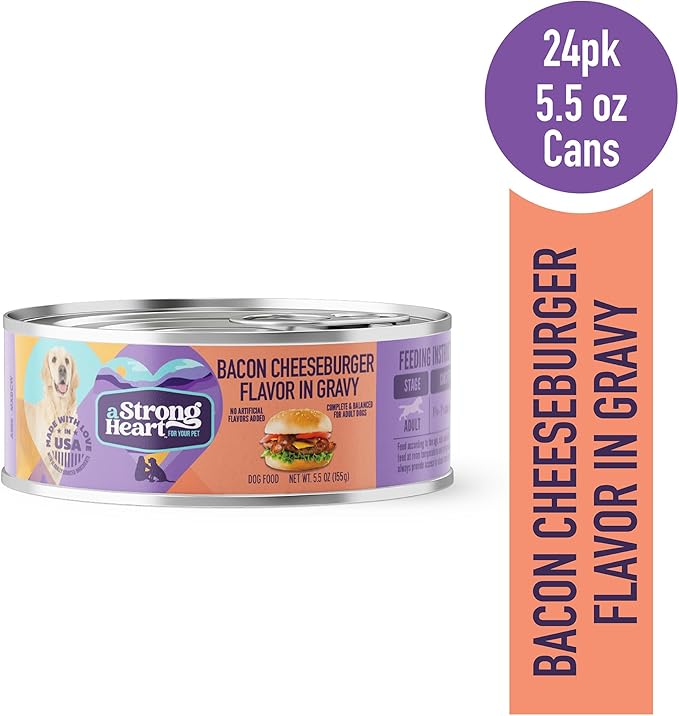 A Strong Heart Wet Dog Food, Bacon Cheeseburger Flavor in Gravy - 5.5 oz Cans (Pack of 24), Made in The USA with Real Beef