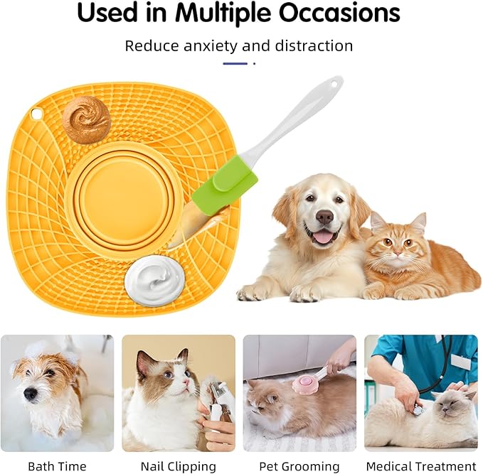 Lick Mat for Small Dogs and Cats with Suction Cups, Silicone Slow Feeder Lick Pad with Collapsible Bowl for Anxiety Relief, Pet Puzzle Treat Mat for Bathing Grooming Trimming (Yellow)
