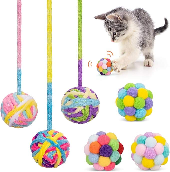 Retro Shaw Cat Toys Balls, 6Pcs Woolen Yarn Cat Ball Toy with Bell Inside, Christmas Kitten Toys for Indoor Cats Kitty, Chew Toys Jingle Pompom Ball with String