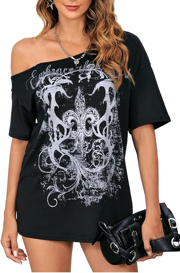 SOLY HUX Women's Off The Shoulder Tops Graphic Tees Y2k Vintage Gothic Oversized T Shirts Streetwear