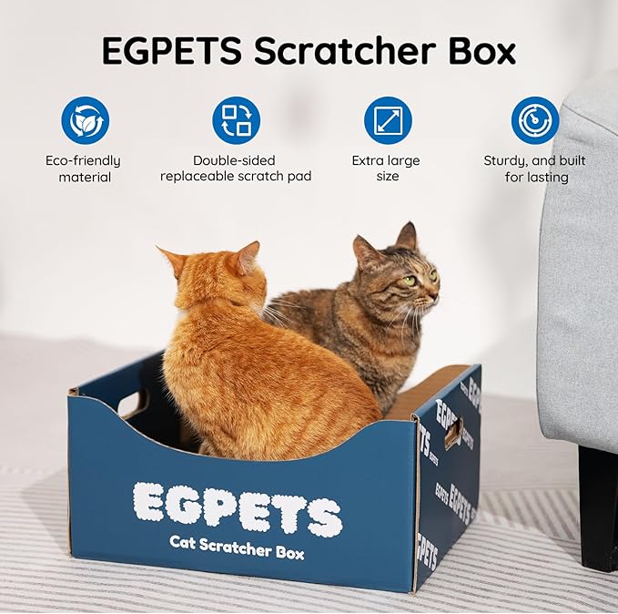 Cardboard Cat Scratcher Box with Extra-Large Double-Sided Sturdy Cat Scratching Board and Refillable Cat Scratch Pad, Hide, Scratch and Sleep, Easy to Clean and Assemble- EGPETS Cat Scratch Box Blue