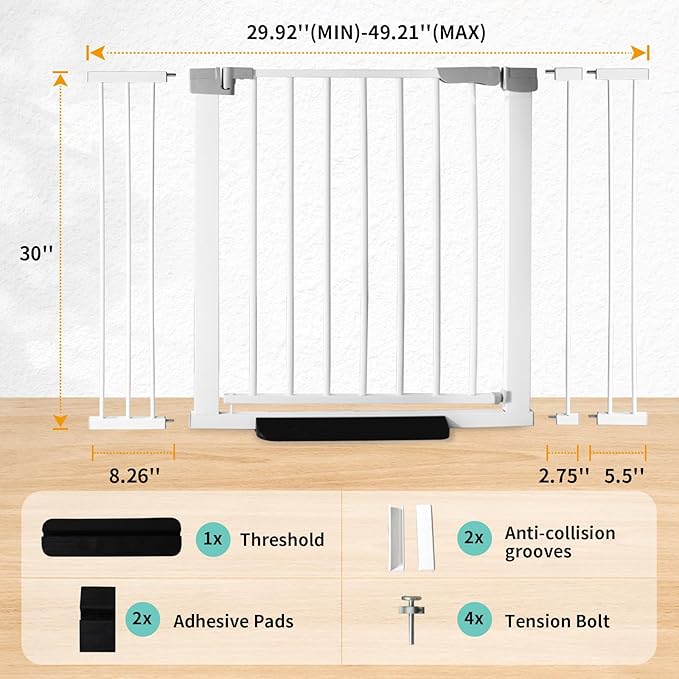 30 Inch Tall Baby Gate Auto Close Dog Gate Adjustable 29.92"-49.21" Wide Pressure Mounted Walk Through Swing Pet Gate for Doorways (29.92"-49.21" Wide)