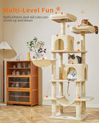 Taoqimiao Cat Tree, 71.7-Inch Cat Tower for Indoor Cats, Plush Multi-Level Cat Condo with 13 Scratching Posts, 2 Perches, 2 Caves, Hammock, 2 Pompoms,Beige MS013LM