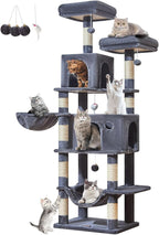 Taoqimiao Large Cat Tree，73-Inch Cat Tree Tower with 9 Scratching Posts for Indoor Cats, 2 Large Cat Condo with Hammock, Hanging Basket, 2 Extended Platform, Smoky Gray MS013XLG