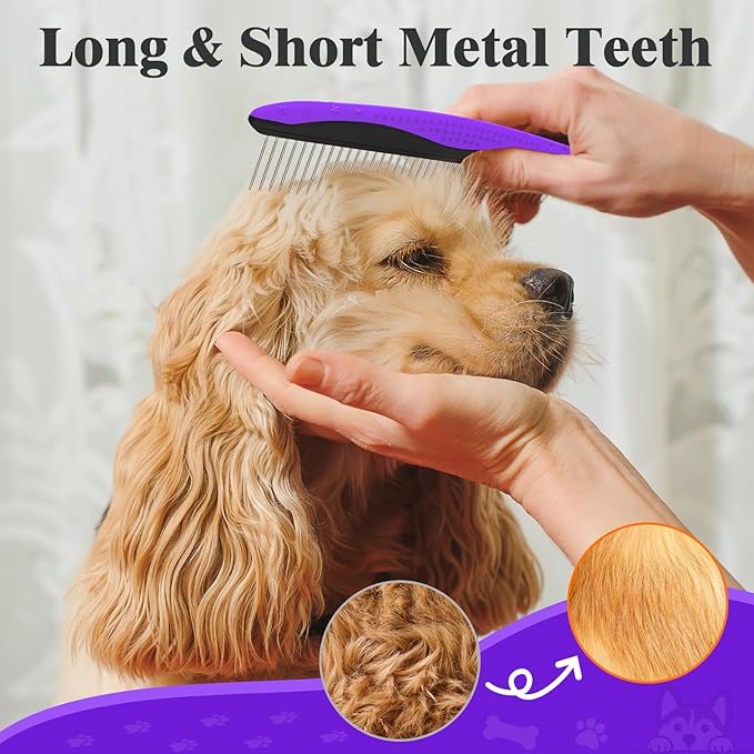 3PCS Dog Grooming Kit - Deshedding Dog Brush, Self Cleaning Slicker Brush, Bath Brush and Comb, Suitable for Hair Removal and Bathing of Dogs & Cats (Purple Black)
