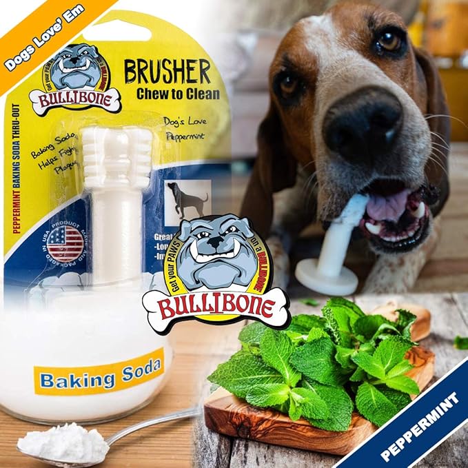 Bullibone Brusher: Dog Teeth Cleaning Brushing Toothbrush Stick - Long Lasting Nylon Peppermint Chew Toy for Dog Oral Care and Dental Health for Small Dogs and Puppies