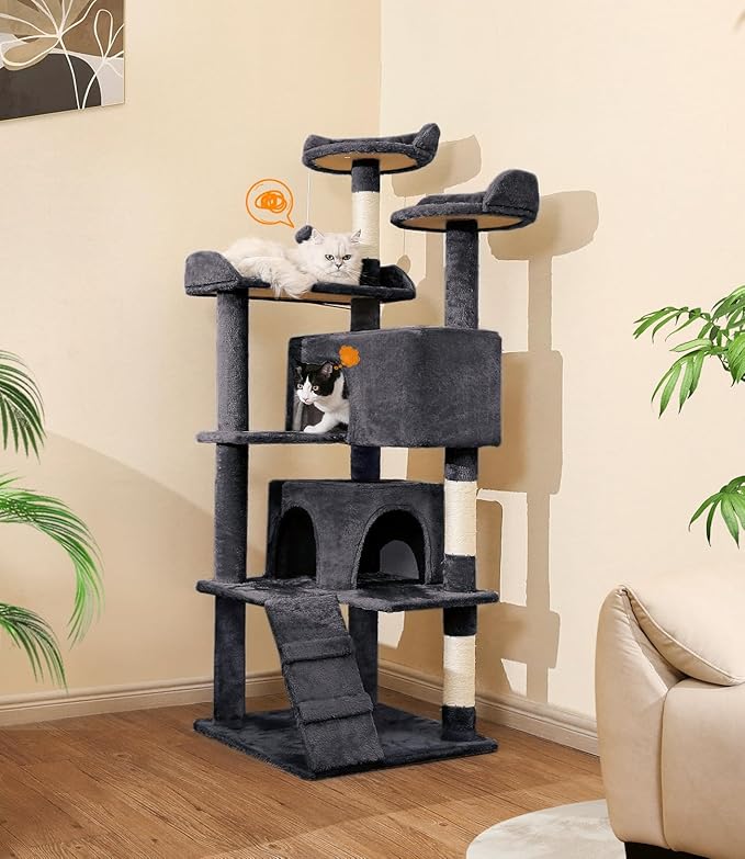 Made4Pets Cat Tree 54in Cat Tower for Indoor Cats Kitten Tree Multi-Level Cat Tree with 2 Condo Furniture Activity Center with Scratching Posts Funny Toys Kittens Pet Play House, Dark Grey