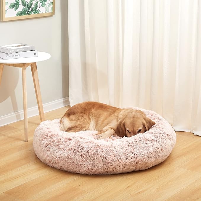Bedfolks Calming Donut Dog Bed - 36" Round, Fluffy, Anti-Anxiety, Machine Washable Pet Bed (Pink, Large)