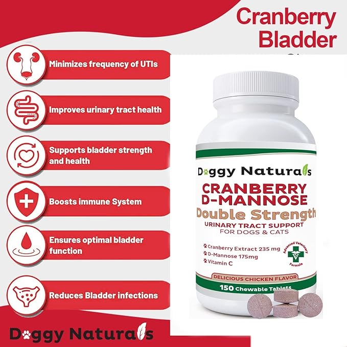 Cranberry D-Mannose for Dogs and Cats Urinary Tract Infection Support Prevents and Eliminates UTI, Bladder Infection Kidney Support, Antioxidant (Double Strength Tablet, 150 Count)