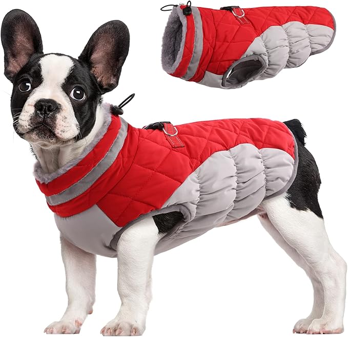 FUAMEY Dog Coat for Small Dogs,Waterproof Dog Winter Jacket with Harness Built in Puppy Cold Weather Coats Reflective Pet Vest with Zipper Warm Fleece Dogs Snowsuit Windproof Red XS