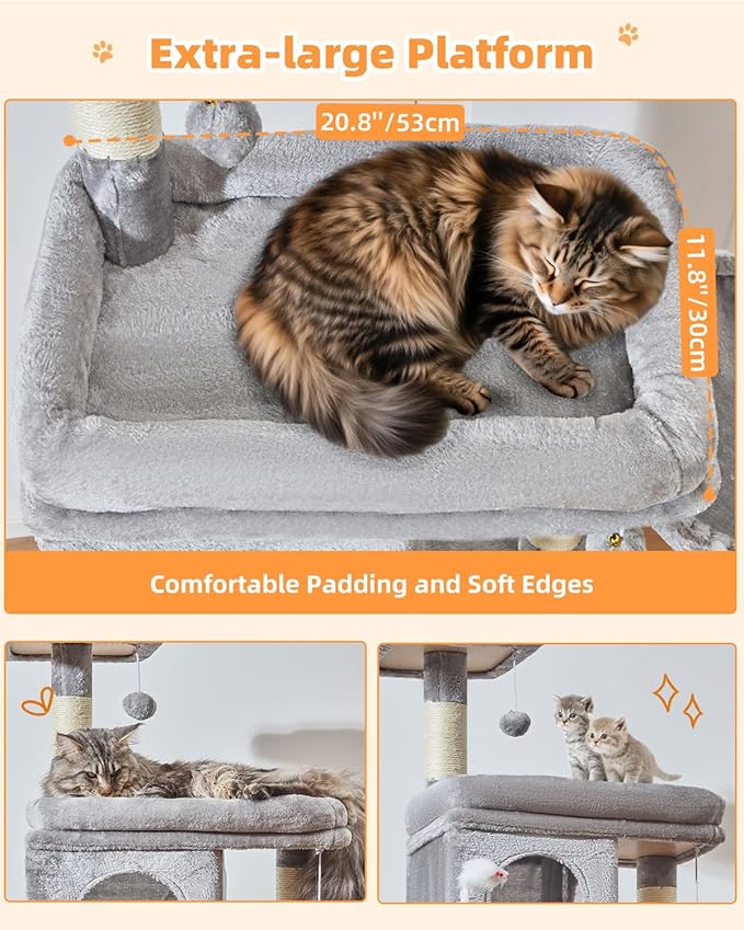 Taoqimiao Cat Tree, 77-Inch Cat Tower for Large Cats Multi-Level Cat Condos for Indoor Cats with 2 Condos, Extra-Lagre Platform, 2 Hanging Baskets, Hammock, 8 Scratching Posts, MS044W Light Gray