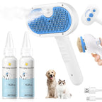 Pet Steam Brush for Dog & Cat - 3-in-1 Steam Grooming Brush for Shedding & Hair Removal - Self Cleaning Spray Comb with Mist for Long Haired Pets - Includes 2*Waterless Shampoo, Blue