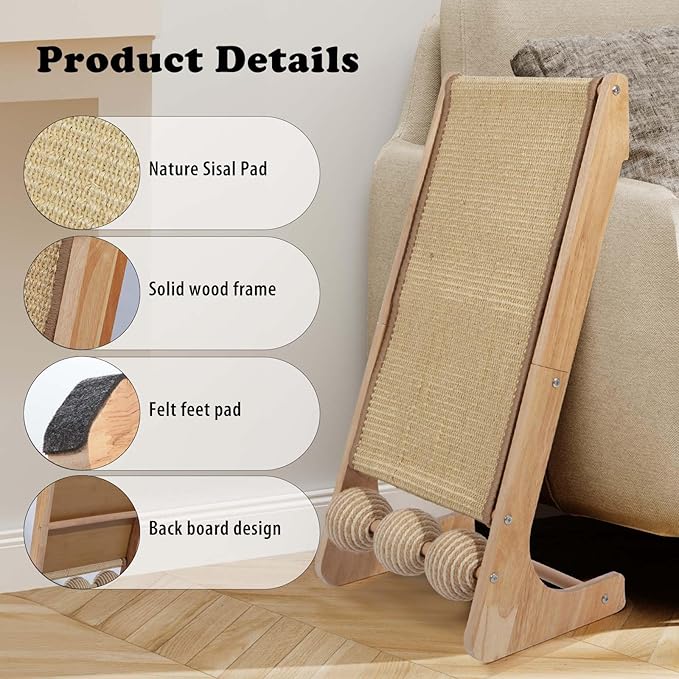 Cat Scratcher with Ball - 28 Inch Cat Scratch Ramp for Indoor,Wooden Climbing Cat Scratching Post Furniture (L with Ball)