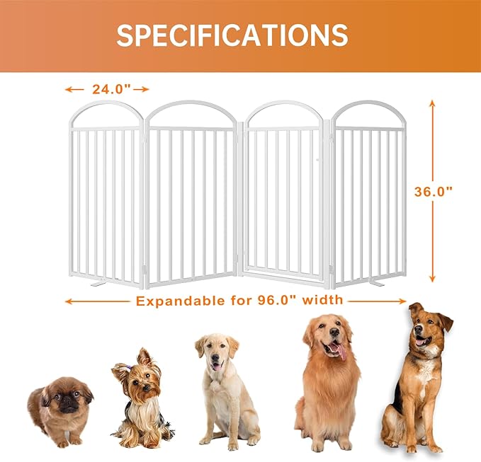4 Panels Full Matel Freestanding Dog Gates with Door, 96"Extra Wide 36"Tall Free Standing Dog Pet Gate for Indoor & Outdoor. Foldable Pet Fences for Doorways, House, Stairs, Porch, Deck, Yard