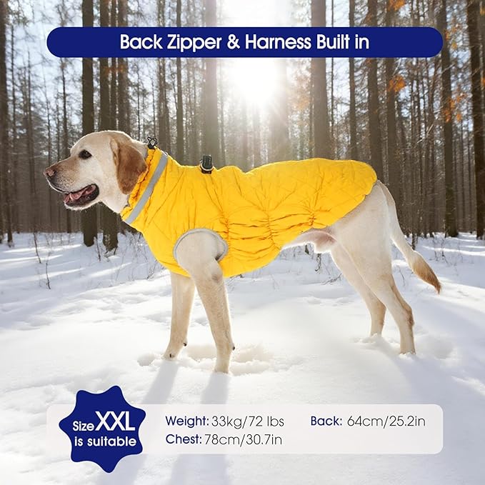 FUAMEY Dog Coat for Small Dogs,Waterproof Dog Winter Jacket with Harness Built in Puppy Cold Weather Coats Reflective Pet Vest with Zipper Warm Fleece Dogs Snowsuit Windproof Yellow XS