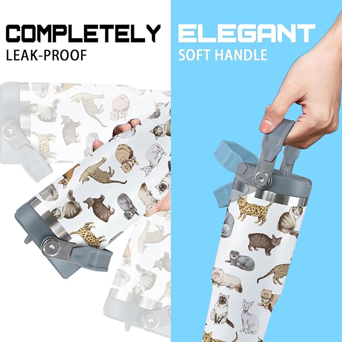 Cat Tumbler With Lid and Straw - 30oz Stainless Steel Cute Water Bottle Cup - Funny Gifts for Women