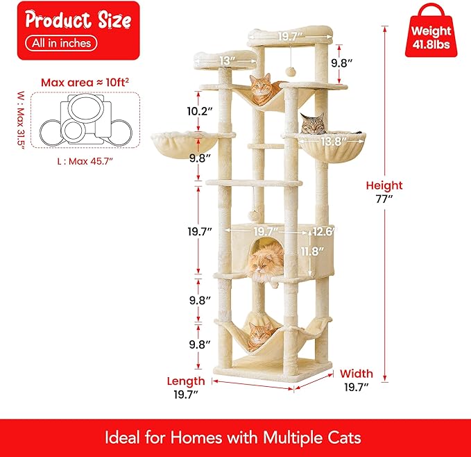 77-Inch Tall Cat Tree, Multi-Level Large Cat Tower with 4 Hammocks, 2 Padded Perches, Cat Condo, Sisal Scratching Posts and Hanging Toys for Adult Cats, Beige