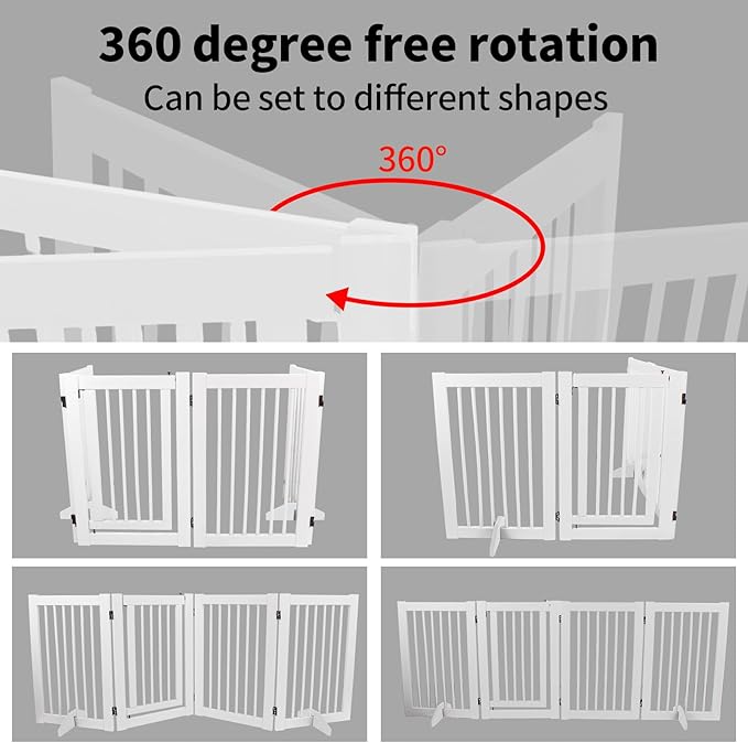 Wooden Freestanding Pet Gate, Pet Gate for Dogs, 29.5inch 4-Panel Wooden Dog Fence with 2 Support, Feet Folding Dog Gate for Indoor, Doorway, Stairs, Kitchen, 81.5“L×30”H (White)