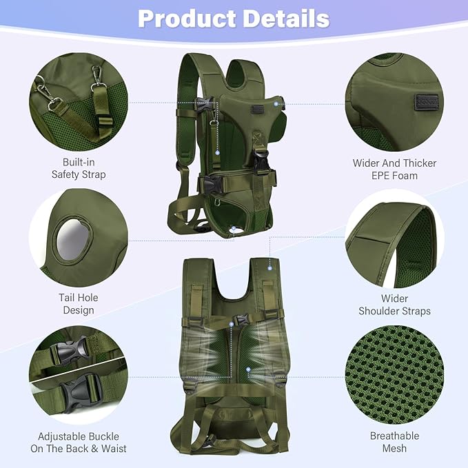 YUDODO Front Pet Carrier Backpack for Small Dogs and Cats, Secure and Breathable Mesh, Ergonomic Support, Adjustable for Walking, Hiking, or Travel (Army Green-Pro S)
