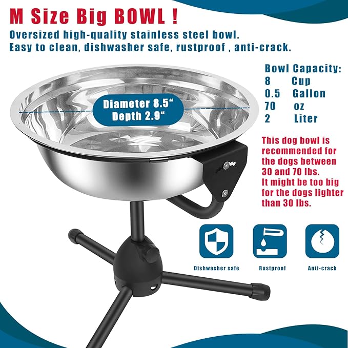 2 Pack Elevated Bowls With Adjustable Metal Stand, Medium Size for Dogs 30-70 lbs, 0.5 Gal 2 Liter, Stainless Steel Food Water Bowl, Height Adjustable Non-Slip Raised Set