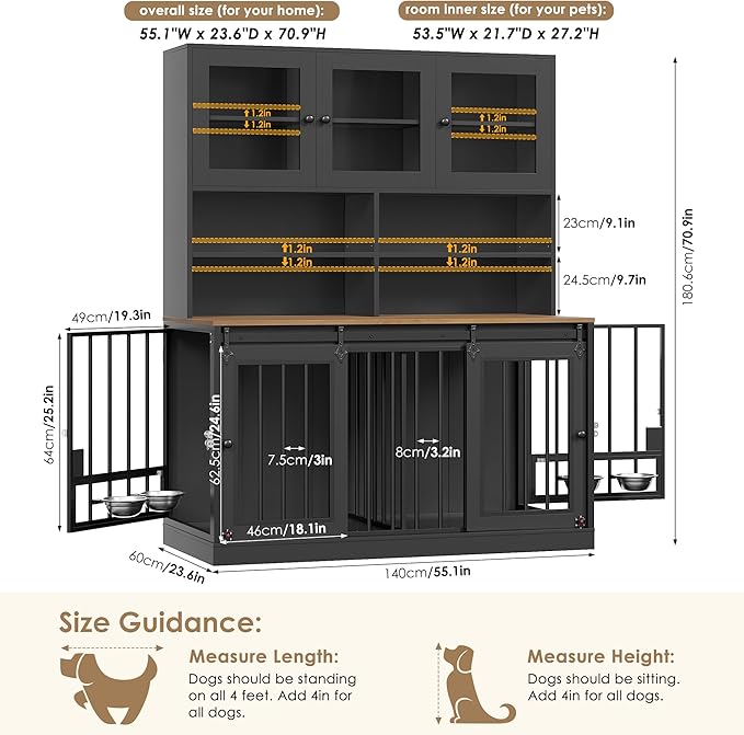 TTVIEW 71"H x 55"L Large Dog Crate Furniture with Hutch Shelf and Glass Door, Indoor Dog Kennel with Divider and Feeding Bowls for Large Dogs 2 Pets, Heavy Duty Dog Cage Pet House with 4 Doors, Black