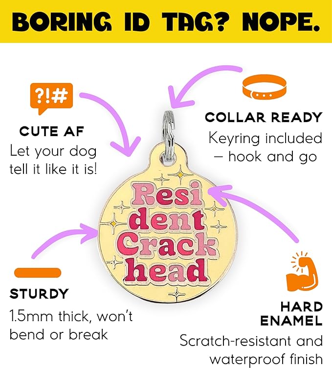 Personalized QR Code Dog Tags - Choose from 25+ Tag Designs - QR Code Links to Your Profile - Unique, Cute, Funny, Sassy Pet ID Tag (Resident Crackhead, Large (1.25 inch))