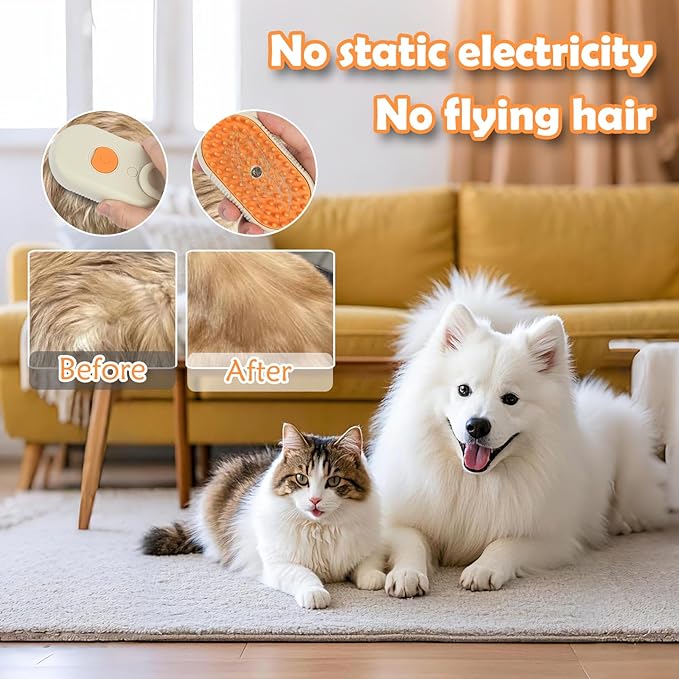 4-in-1 Steam Brush for Cats & Dogs - Grooming Tool with Vibration Massage, 360° Rotation & USB Charging, Pet Hair Remover for Shedding Control, Gentle on Skin