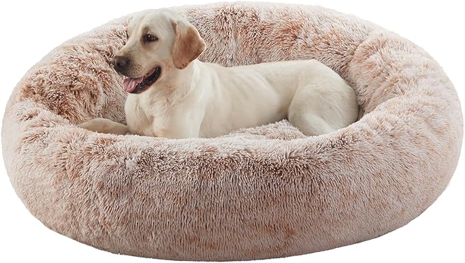 45 inches Donut Dog Bed for Extra Large Dogs,Calming Fluffy Round Jumbo Pet Bed with Removable & Washable Cover, Fits up to 150 lbs Pets (Brown,XL)