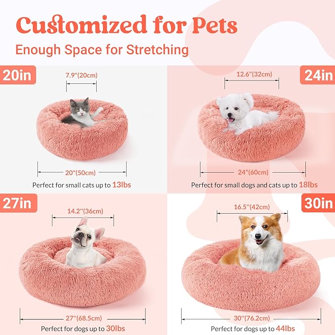 rabbitgoo Calming Dog Bed for Small Medium Dog, 30 inches Pet Bed Machine Washable, Non-Slip Round Fluffy Plush Faux Fur Large Cat Bed, Soft Donut Cuddler Cushion for Small Dog, Pink