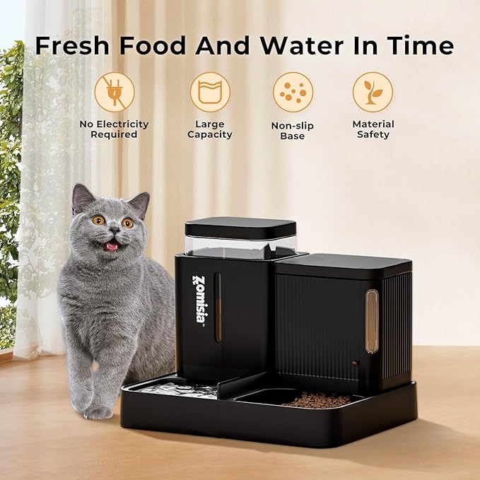 Gravity Cat Feeder and Water Dispenser, 2 in 1 Cat Self Feeder with 180 Degree Rotatable, 2 Pack Automatic Feeding Large Capacity for Small Medium Dog Puppy Kitten, Black, 0.8 Gallon x 2