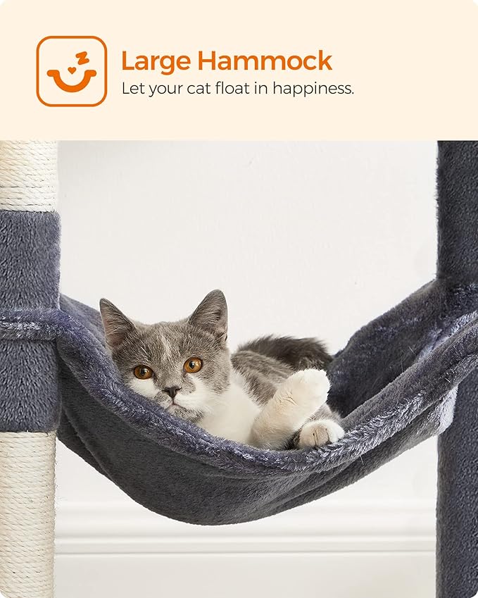 Feandrea Cat Tree, 56.3-Inch Cat Tower for Indoor Cats, Multi-Level Cat Condo with 4 Scratching Posts, 2 Perches, Hammock, Cave, Smoky Gray UPCT161G01