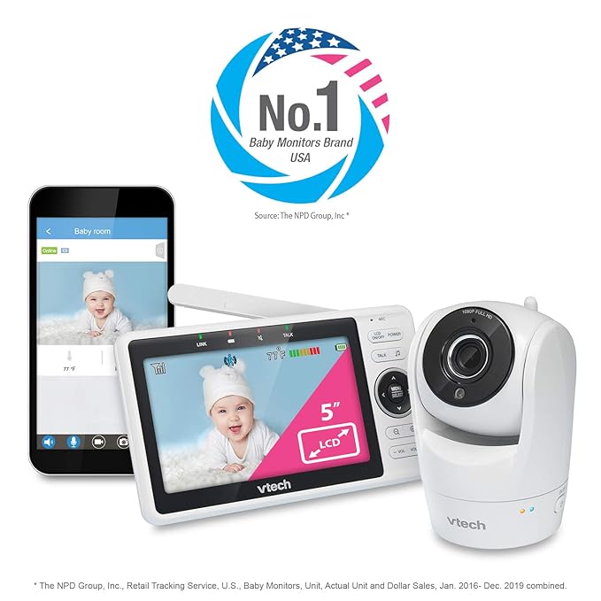 VTech Upgraded Smart WiFi Baby Monitor, 1080p FHD Camera and 5" HD IPS Display, Free App with Motion Video, Sound/Motion Detection and Notifications, Fully Remote Pan-Tilt-Zoom: VM901