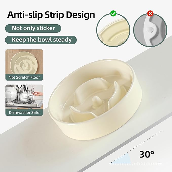 Ceramic Raised Slow Feeder Dog Bowl Set, Elevated 5.1inch Water Bowl and 6.1inch Puzzle Slow Pet Food Dish with Wooden Stand for Small Dog and Cat, Anti-Gulping (2X Beige+ Stand)