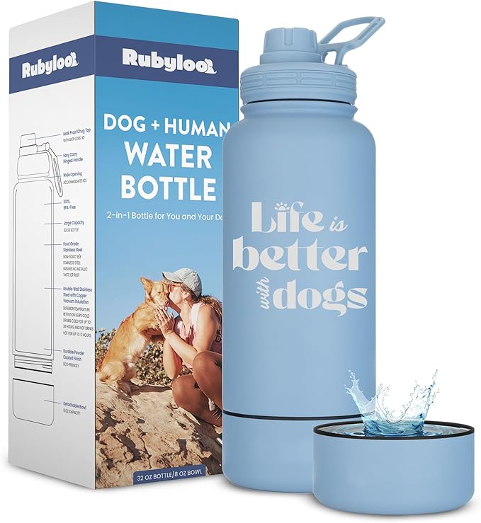 Dog Water Bottle for Dog Lovers - 32 oz Stainless Steel Double Wall Insulated Water Bottle with 8 oz Detachable Bowl - Doggy Lover Gift for Hiking, Walking, Travel - “Life is Better” - Dusty Blue