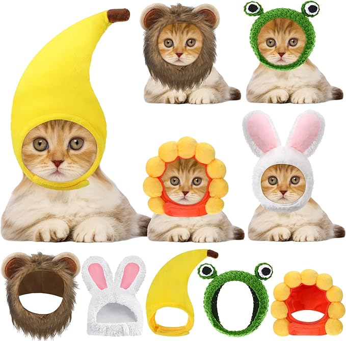 Weewooday 5 Pcs Cat Adorable Costume Bunny Hat with Ears Funny Mane Cat Hat for Pets and Small Dogs Kitten Puppy Party Costume Accessory Headwear(Lion, Frog, Rabbit, Sunflower, Banana)