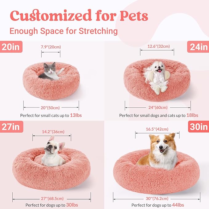 rabbitgoo Dog Bed for Small Dogs, 24 inches Washable Small Dog Bed, Fluffy Donut Dog Bed Anti-Slip, Calming Soft Plush Round Pet Bed for Dogs, Fits up to 18 lbs Pets, Pink